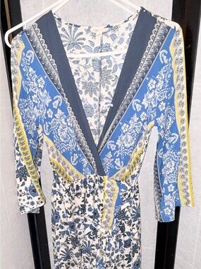 Cato Blue and White Floral Dress with Yellow Detail